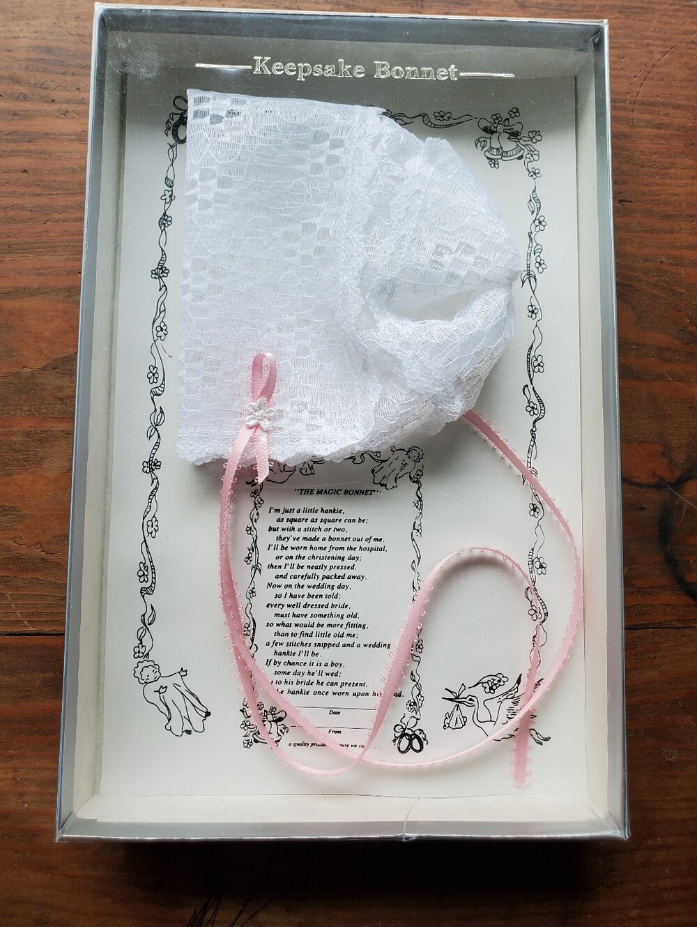 Vintage Wedding Hankie Keepsake Bonnet, Magic Bonnet Poem New Baby Gift